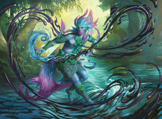 NoAi, an Ixalan merman in a dance like pose above the water of a river, filtering oil out
