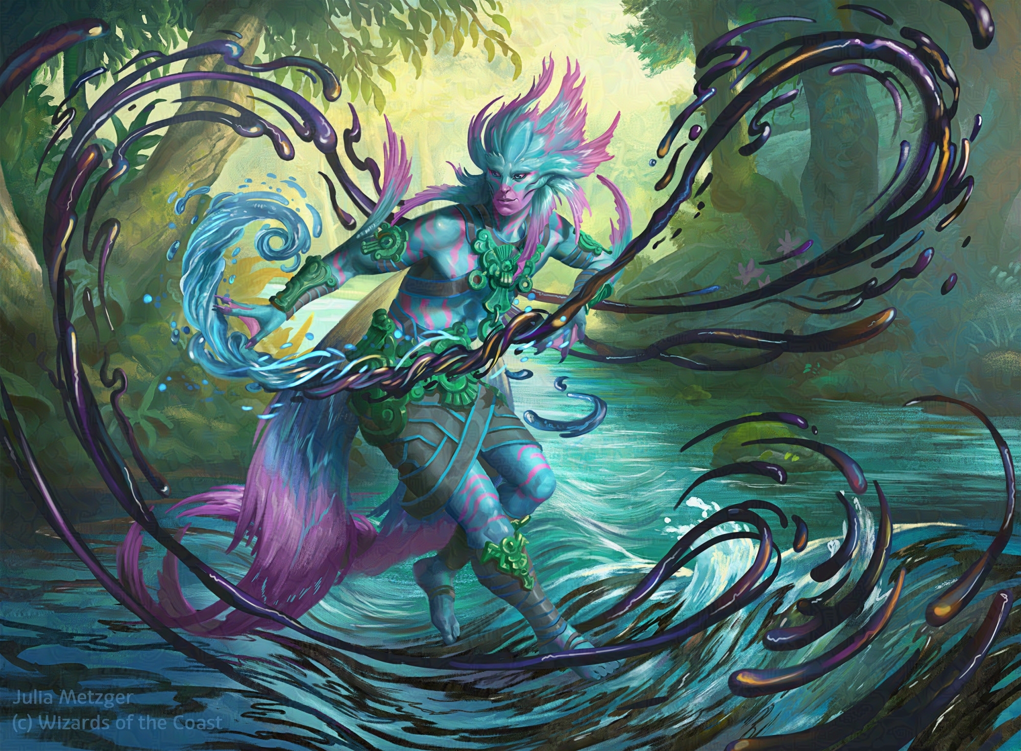 NoAi, an Ixalan merman in a dance like pose above the water of a river, filtering oil out